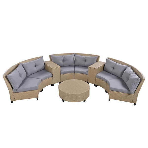 Zeus & Ruta Semi-Circle Brown 9-Piece Wicker Patio Conversation Set with Gray Cushions and Round Coffee Table for Garden, Backyard
