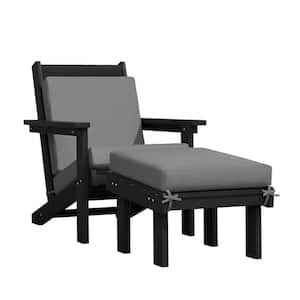 Classic Outdoor Patio HDPE Plastic Adirondack Chair with Footrest Ottoman in Black