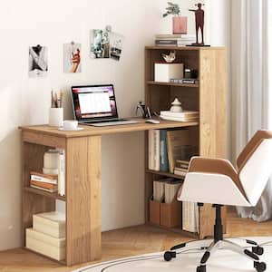 48 in. Rectangular Natural Wood Computer Desk Writing Workstation Office 6-Tier Storage Shelves