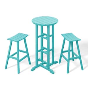 Laguna 3-Piece HDPE Weather Resistant Outdoor Patio Bar Height Bistro Set with Saddle Seat Barstools, Turquoise