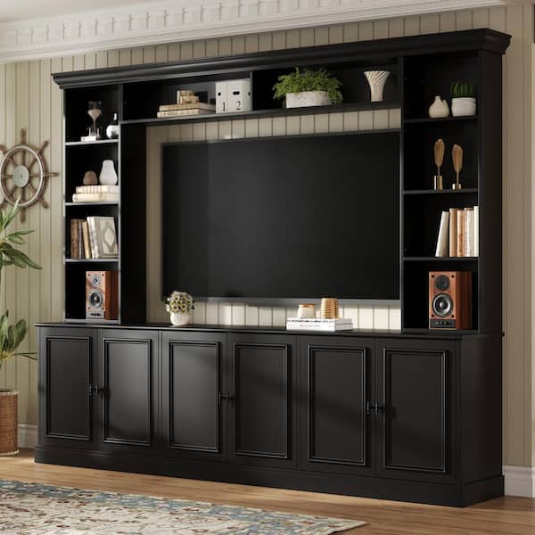 Modern Large Wall Unit Entertainment Center Black TV Stand Fits TVs up to 70 in. with Bridge, Bookshelves