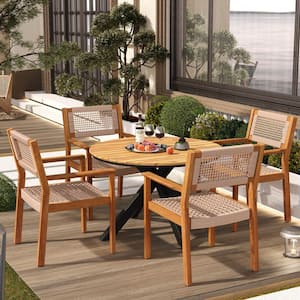 Theron 5-Piece Outdoor Patio Dining Set, Rope Weave Chairs, Metal Frame Table, Acacia Wood, Light Brown + Teak + Black