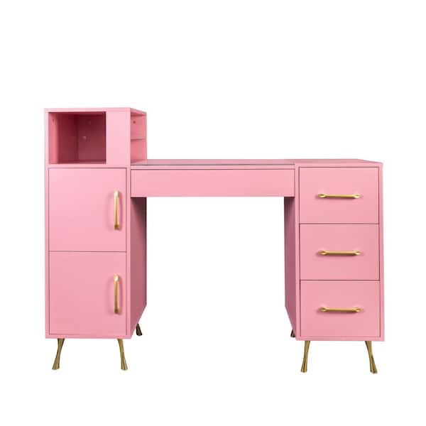 JASIWAY Modern Simple Pink 55.12 in. W Vanity Table Dressing Makeup Desk with Drawers And Cabinets