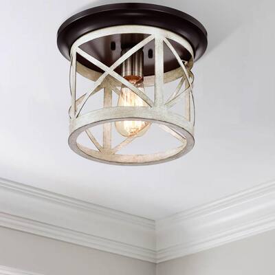 9.75 in. 1-Light Oil-Rubbed Bronze and Briarwood Finish Cage Drum Flush Mount