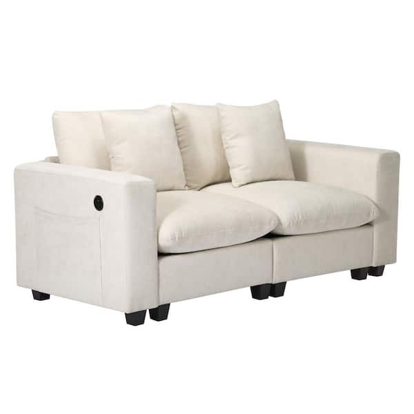 WESTINFURNITURE Lucca 70 in. Plush Chenille Upholstered Square Arm Modular Loveseat w/ USB Charger Port, Cream