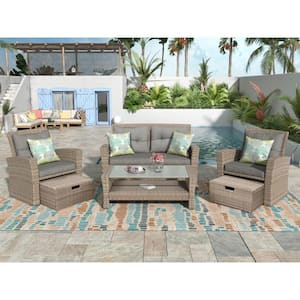 6-Piece Wicker Patio Conversation Set with Gray Cushions and Coffee Table