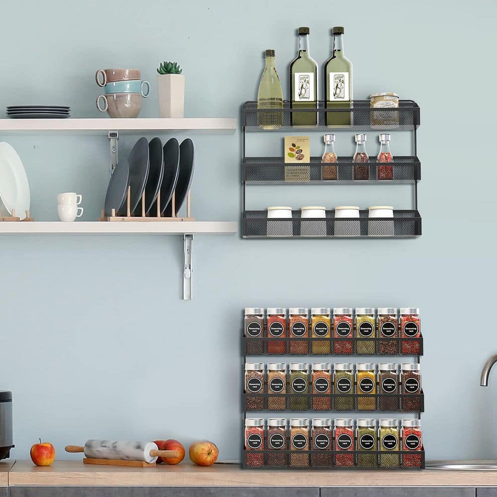 Wudkey 2-Piece Black Metal Spice Rack Organizer, 3 Tier Wall Mounted ...