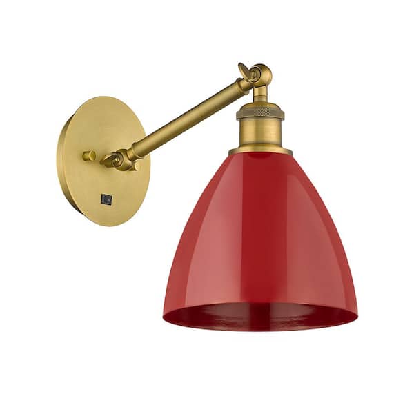 Innovations Plymouth Dome 1-Light Brushed Brass, Red Wall Sconce with Red Metal Shade