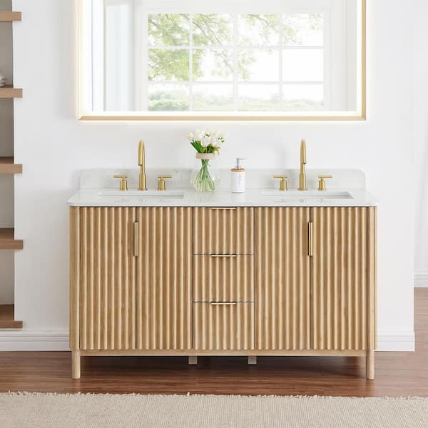 Altair Sierra 60 in. Double Sink Freestanding Washing Light Brown Bath Vanity with Grain White Engineered Stone Top Assembled