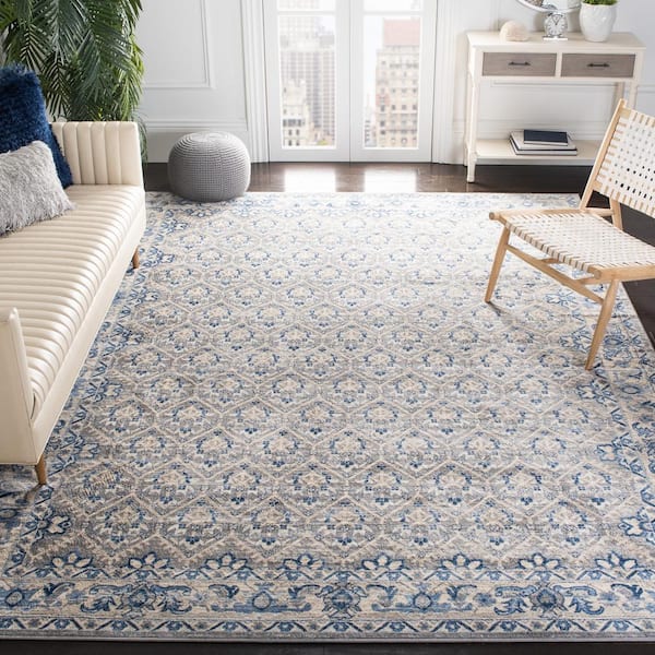 Brentwood Light Gray/Blue 9 ft. x 9 ft. Square Multi-Floral Geometric Border Area Rug