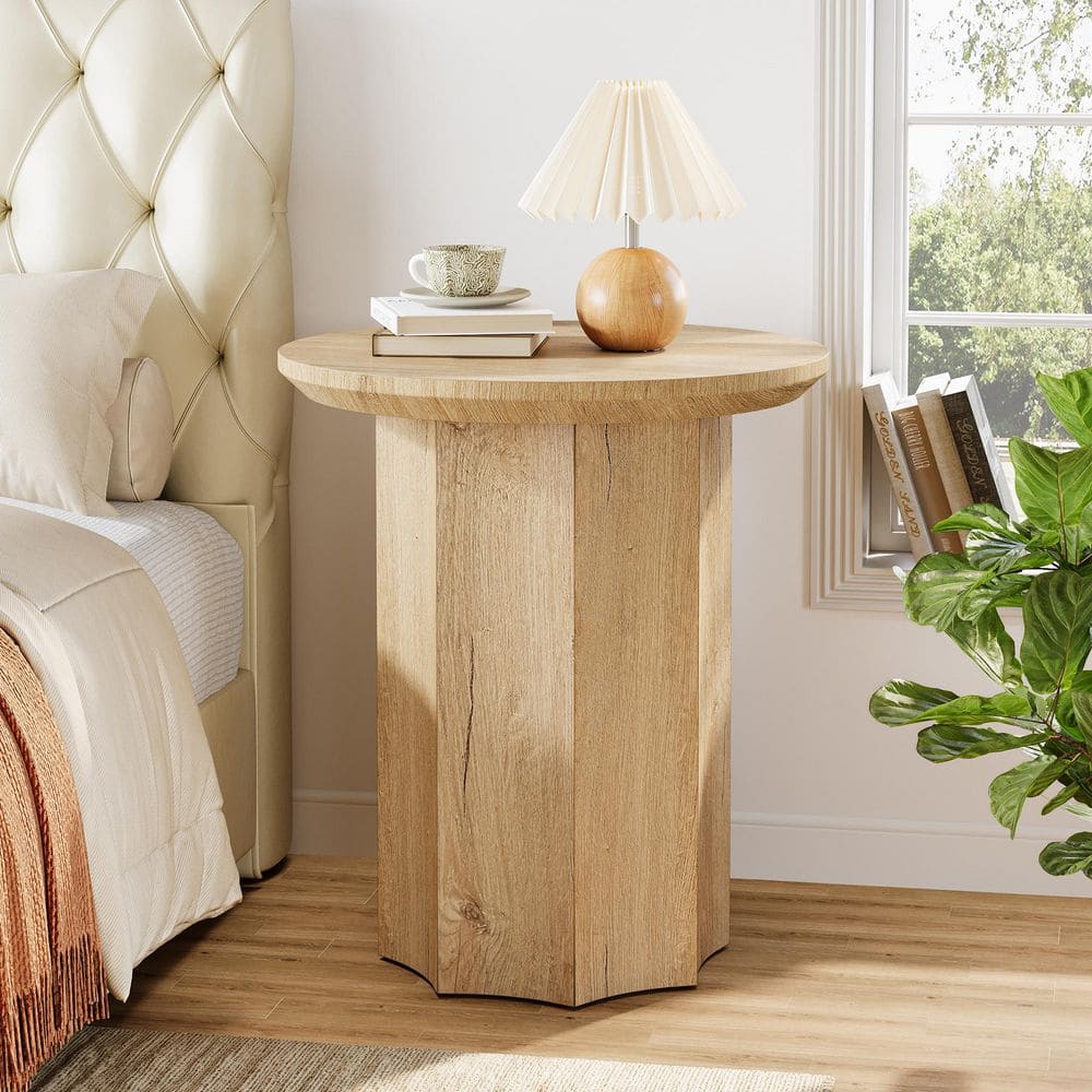 Kerlin 19.68 in. Brown Round Wood End Table Pedestal Side Table Nightstand with Octagonal Base for Living Room, Bedroom price history on PriceWatchPro