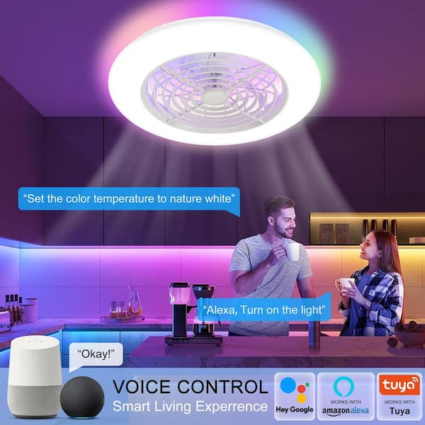 19 in. Smart Indoor White Low Profile Standard Ceiling Fan with RGB Light with Remote and APP Control