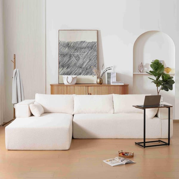 112 in. Square Arm Fabric Sectional Sofa with Free Side Table, Wide Seat in. Beige