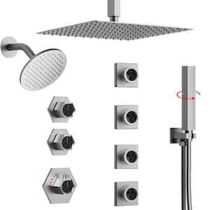 8-Spray Patterns 12&6 in. Square Ceiling and Wall Mount Dual Shower System Set 2.5 GPM in Brushed Nickel