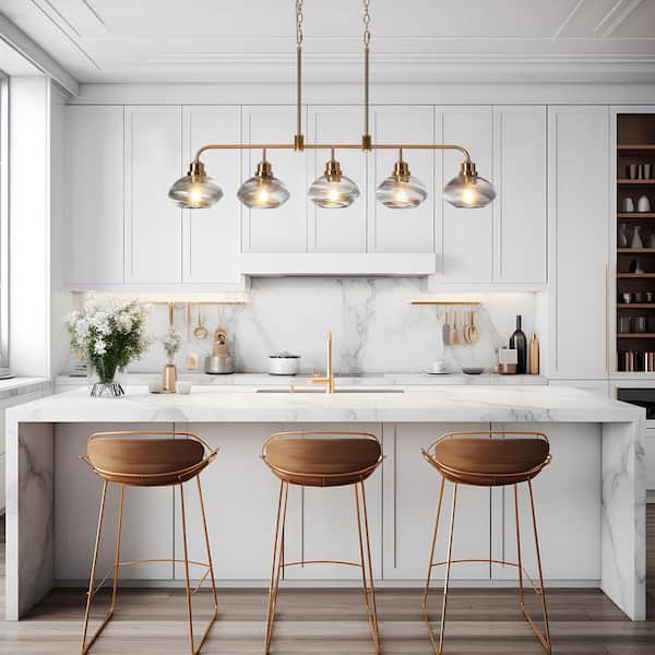 Modern Kitchen Island Linear Chandelier 5-Light Plating Brass Chandelier with Smoked Clear Glass Shades