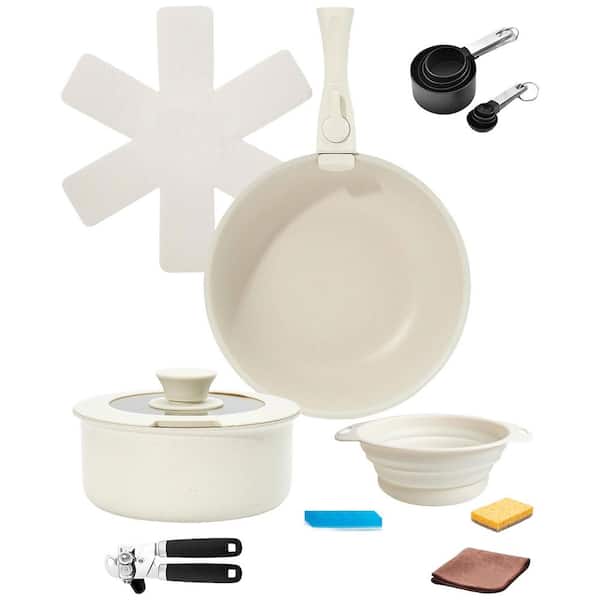 22-Piece Cream White Ceramic Non-Stick Cookware Set with Detachable Handle and Induction Oven Safe Features