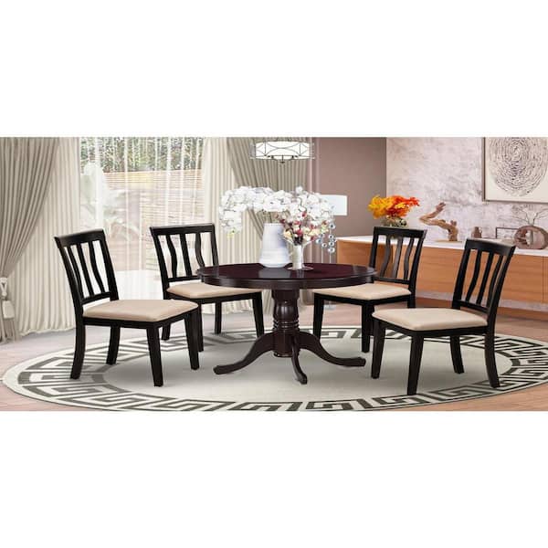 East West Furniture 5-Piece Round Cappuccino Finish Solid Wood Top Dining table with 4 Chairs with Lattice Back