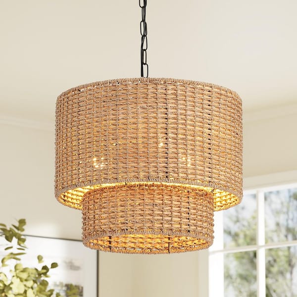 20 in. 3-Light Natural Rattan Boho Chandelier, Farmhouse Brown Rattan Pendant Light for Dining Room, Living Room, Foyer