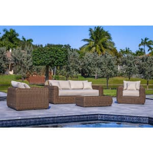 Milo Lux 4-Piece Patio Extra Deep Seating Wicker Aluminum Frame Conversation Set with Wicker Coffee Table in Brown