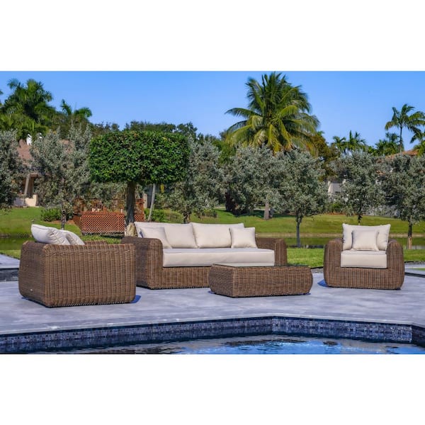 Milo Lux 4-Piece Patio Extra Deep Seating Wicker Aluminum Frame Conversation Set with Wicker Coffee Table in Brown