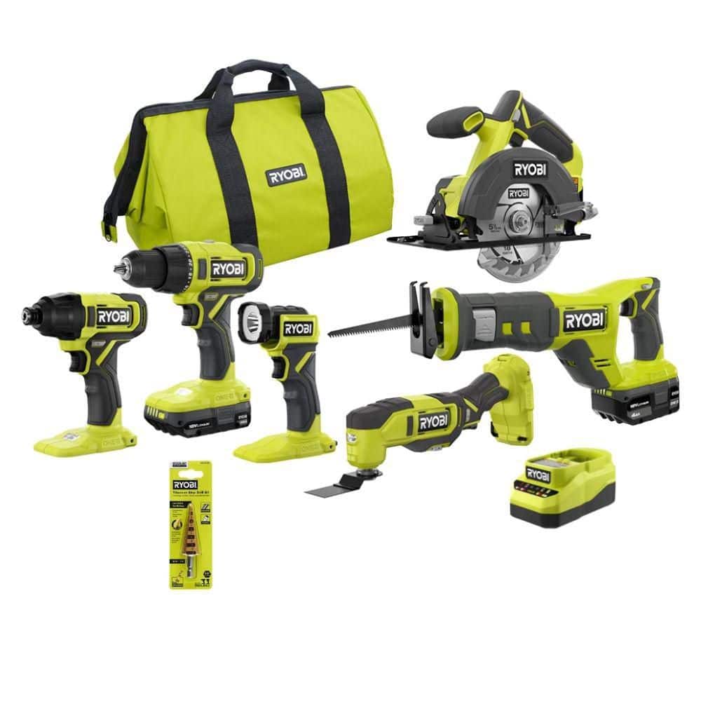 Ryobi ONE+ 18V 6-Tool Combo Kit w/ 2Ah Battery, 4Ah Battery, & Charger w/ Titanium Step Drill Bit Set