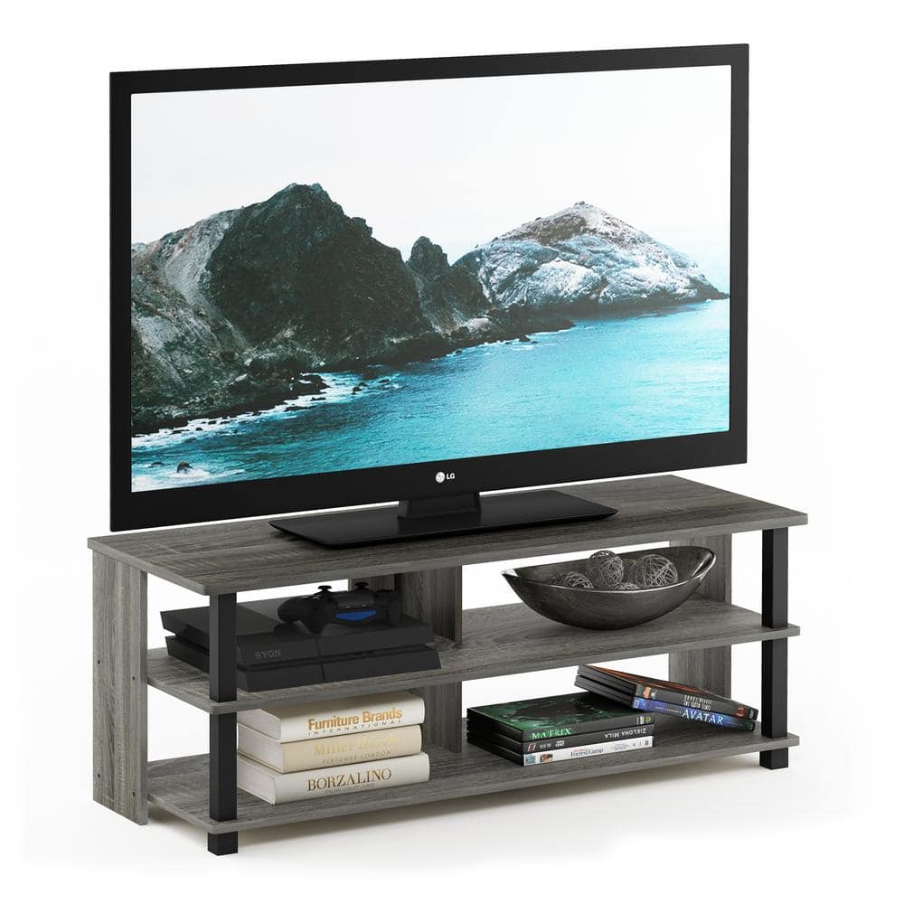 French Oak Grey and Black 3-Tier TV Stand with Shelves