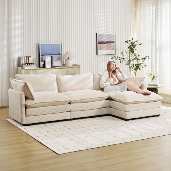 Jearey Modern 112 in. W 4-Piece Corduroy Fabric Sectional Sofa with Ottoman in Beige