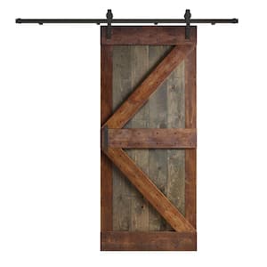 K Series 36 in. x 84 in. Aged Barrel Dark Walnut Knotty Pine Wood Sliding Barn Door with Hardware Kit