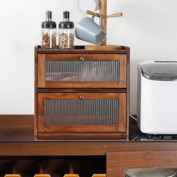 1-Piece Large Capacity Double Layer Bread Storage Box with Acrylic Window Wooden Kitchen Organizer Set