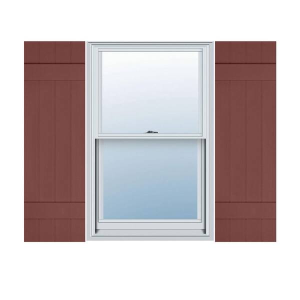Builders Edge 14 in. W x 38 in. H TailorMade Vinyl 4-Board Joined (2 Batten), Board and Batten Shutters Pair in Burgundy Red