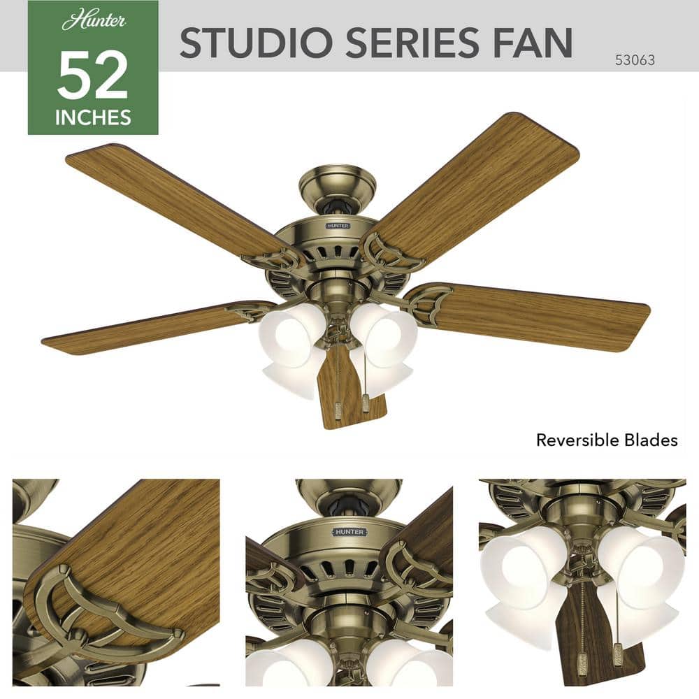 Hunter Studio Series 52" Antique Brass Ceiling Fan with LED Light Kit