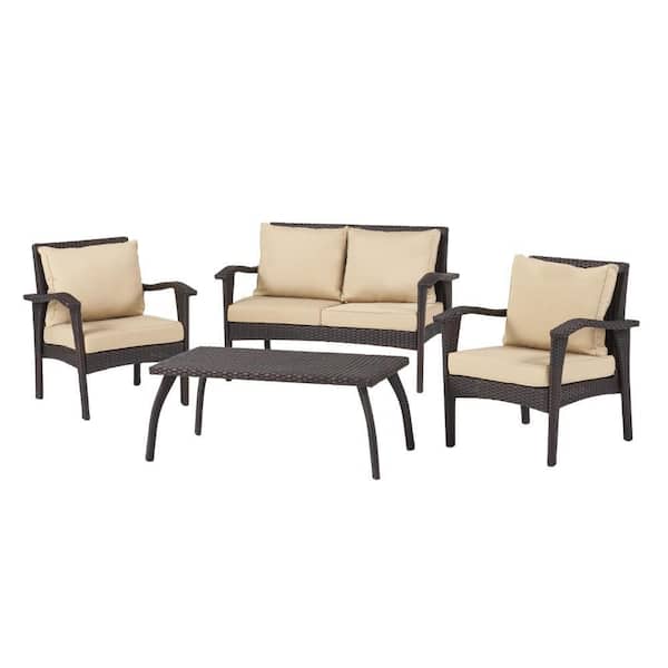 Benjara Honi Brown 4-Piece Metal and Wicker Patio Conversation Set with Tan Cushion