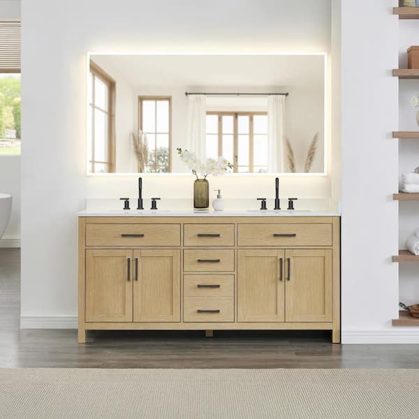 Beckett 72 in. Double Freestanding Whitewashed Oak Bath Vanity with White Cultured Marble Top