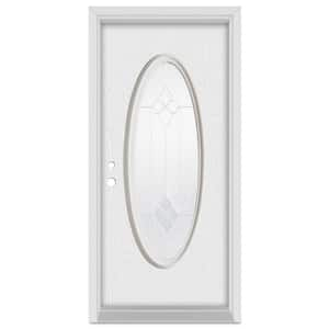 32 in. x 80 in. Geometric Right-Hand Full Oval Zinc Finished Fiberglass Oak Woodgrain Prehung Front Door