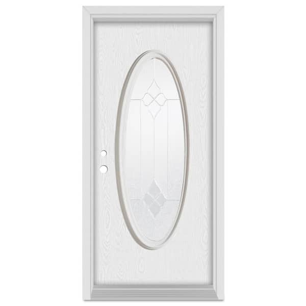 Stanley Doors 32 in. x 80 in. Geometric Right-Hand Full Oval Zinc Finished Fiberglass Oak Woodgrain Prehung Front Door
