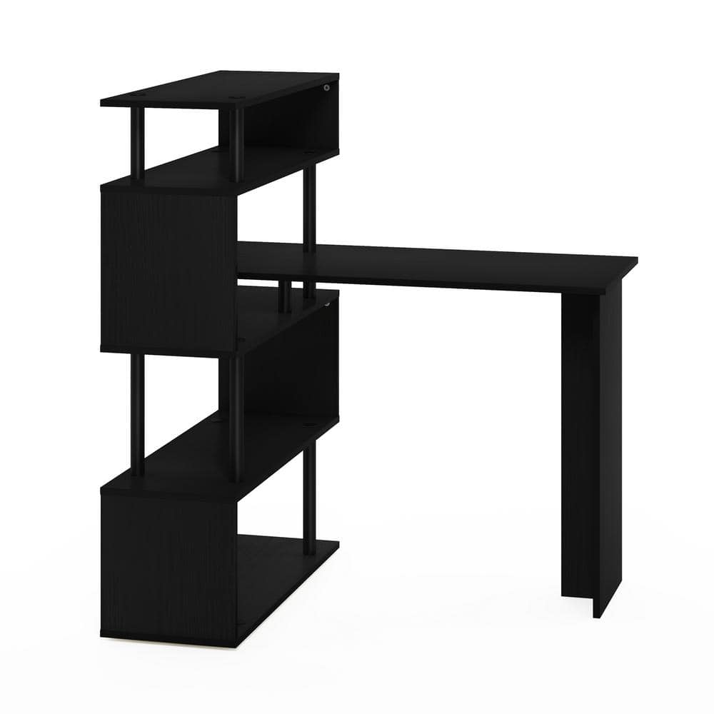 L-Shape Black Wood Corner Computer Desk with 5-Tier Shelves