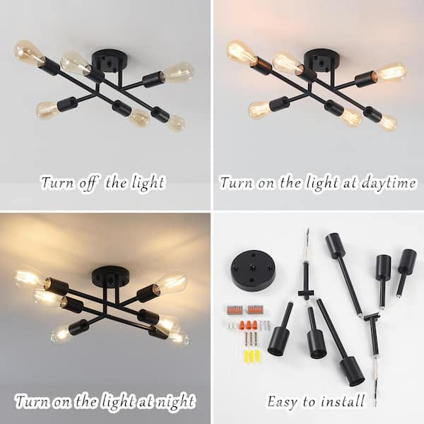 LWYTJO 20.47 in. 6-Light Black Modern Semi- Flush Mount Light for