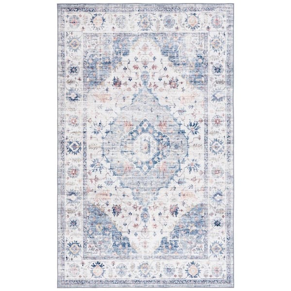SAFAVIEH Arizona Light Blue/Ivory 5 ft. x 8 ft. Distressed Border Ornate Machine Washable Area Rug