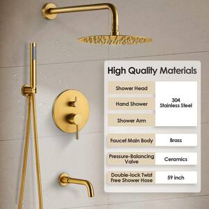 Single-Handle 2-Spray Round Tub and Shower Faucet with 10 in. Rain Shower Head in Brushed Gold (Valve Included)