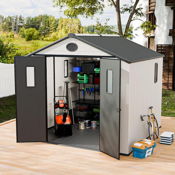 8 ft. x 8 ft. Durable Resin Garden Storage Shed, Tool Shed with a Sloping Roof, Floor and 4-Windows (64 sq. ft.)