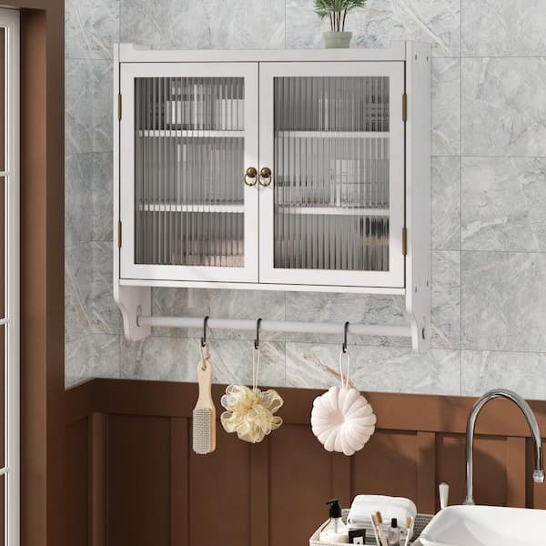 Tahanbath Vintage 24.8 in. Glass Double-Door Cabinet with 3 Tiers & Towel Rack-White Washed