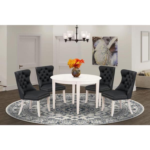 East West Furniture 5-Piece Linen White Solid Wood Top - Round Upholstered Dining Room Set - (Seats-4)