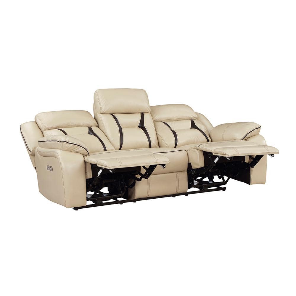 Beige Faux Leather Power Reclining Sofa with USB Ports