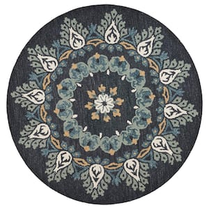 Daliah Medallion Charcoal/Teal 6 ft. x 6 ft. Pine Cone Floral Indoor Round Area Rug