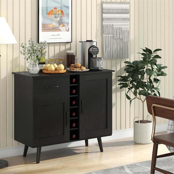 6-Bottle Black 2-Door Wine Bar Cabinet Kitchen Sideboard Buffet with Drawer and Adjustable Shelves