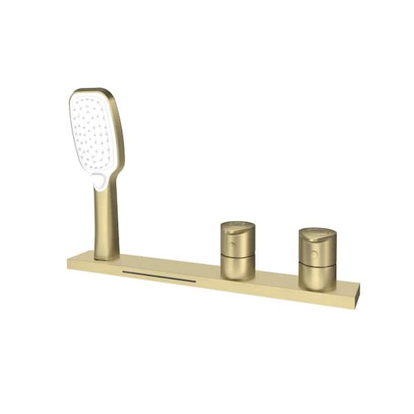 CASAINC Pressure Balanced 2-Handle Deck-Mount Waterfall Roman Tub Faucet with 3-Sprayer Handheld Shower in. Brushed Gold