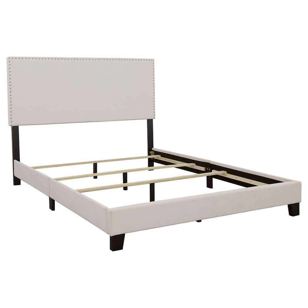 Ivory King Upholstered Wood Frame Bed with Nailhead Trim