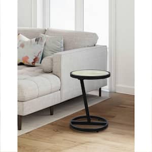 Beri 12 in. White and Black Round Marble Top Side End Table with Angled Metal Frame