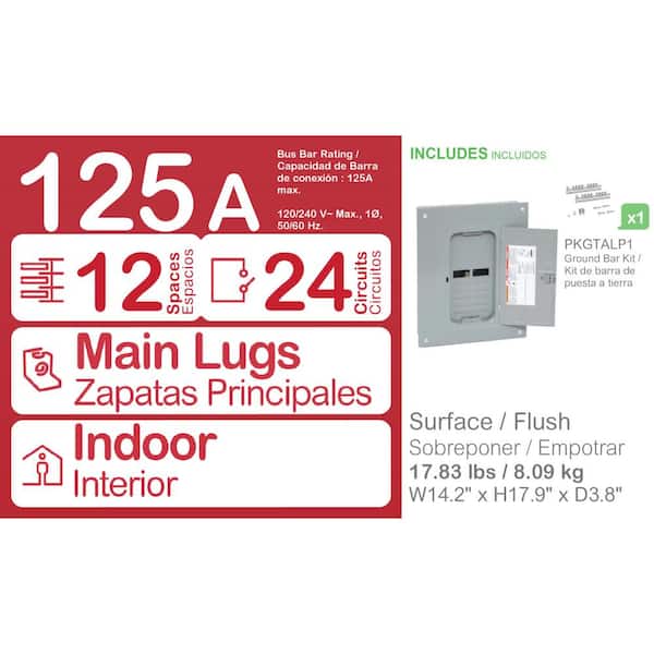 Homeline 125 Amp 12-Space 24-Circuit Indoor Main Lug Plug-On Neutral Load Center with Cover, Ground Bar