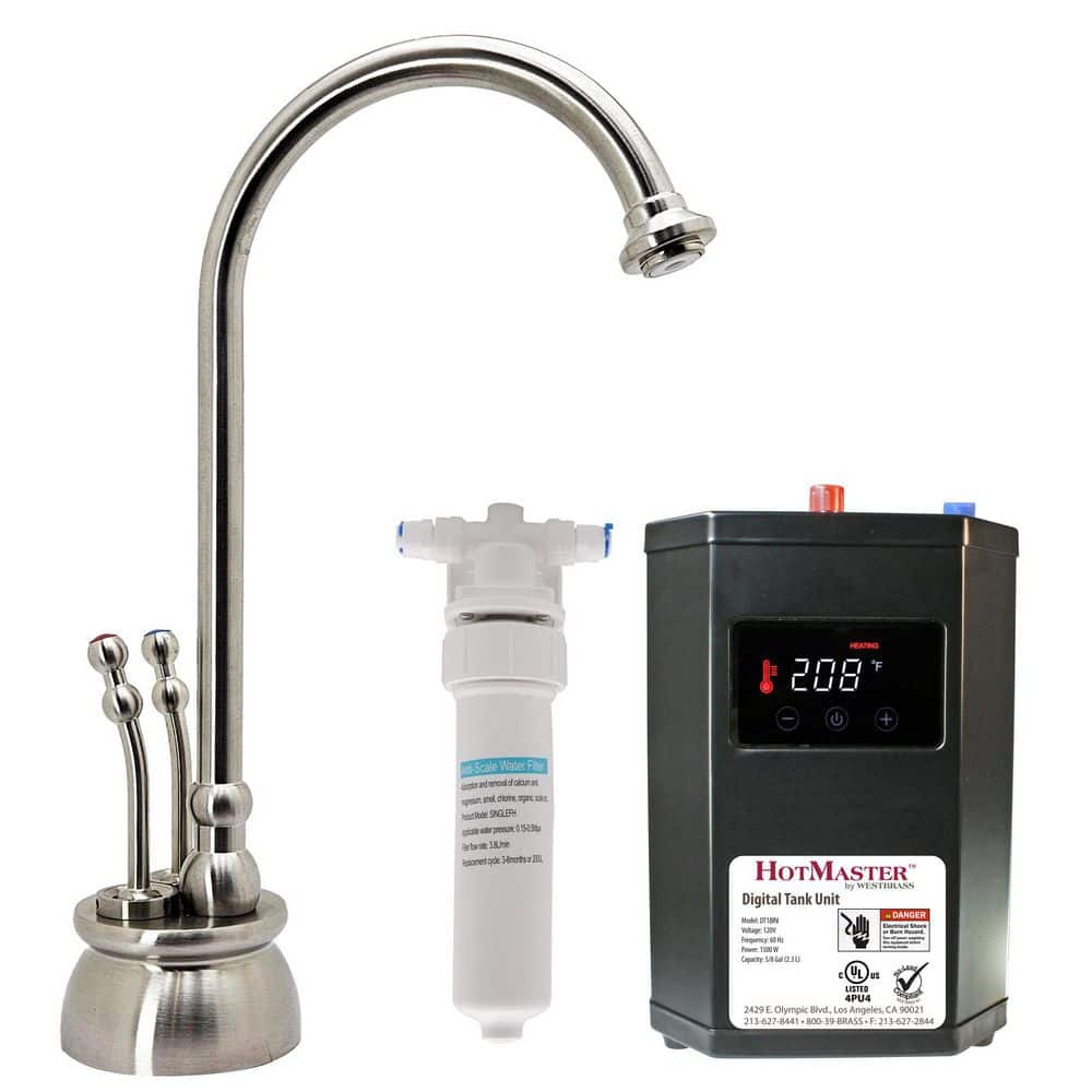 Westbrass Docalorah 10 in. 2-Handle Hot and Cold Water Dispenser Faucet with Digital Tank and Filter, Satin Nickel